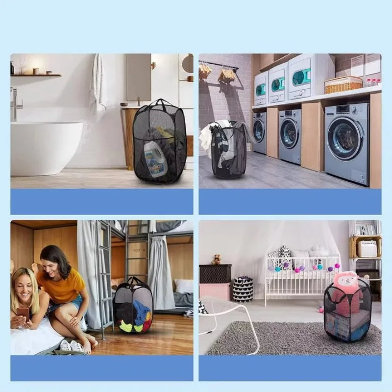 2-6 PCS Set Folding Dirty Laundry Sorting Basket Washing Frame Bathroom Cloth Mesh Storage Bag Frame Bucket Laundry Organizers Storage Pouch Laundry Accessory Sets