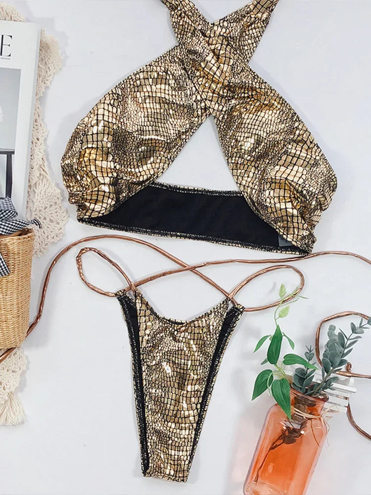 NEW Arrivals 2PCS Set UK Size Silver/Pink/Golden Snake Skin Sexy Mini Micro Thong Bikini Women Swimwear Female Swimsuit Bikini Set Halter Wrap Around Bathing Sexy Girls Suit Swim Beach Wear