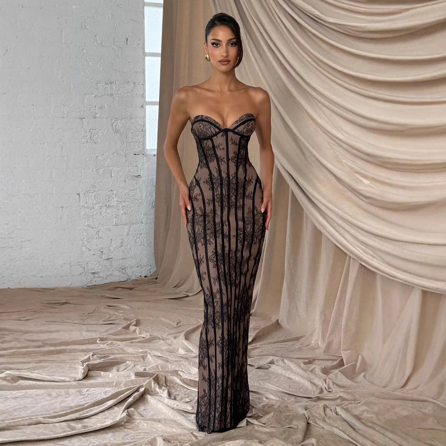 Black/Red Color French Style Chic Gauze  Strapless Sexy Maxi Dress Women Backless Off-Shoulder Waist Cinching Slim Lady Evening Party Gowns