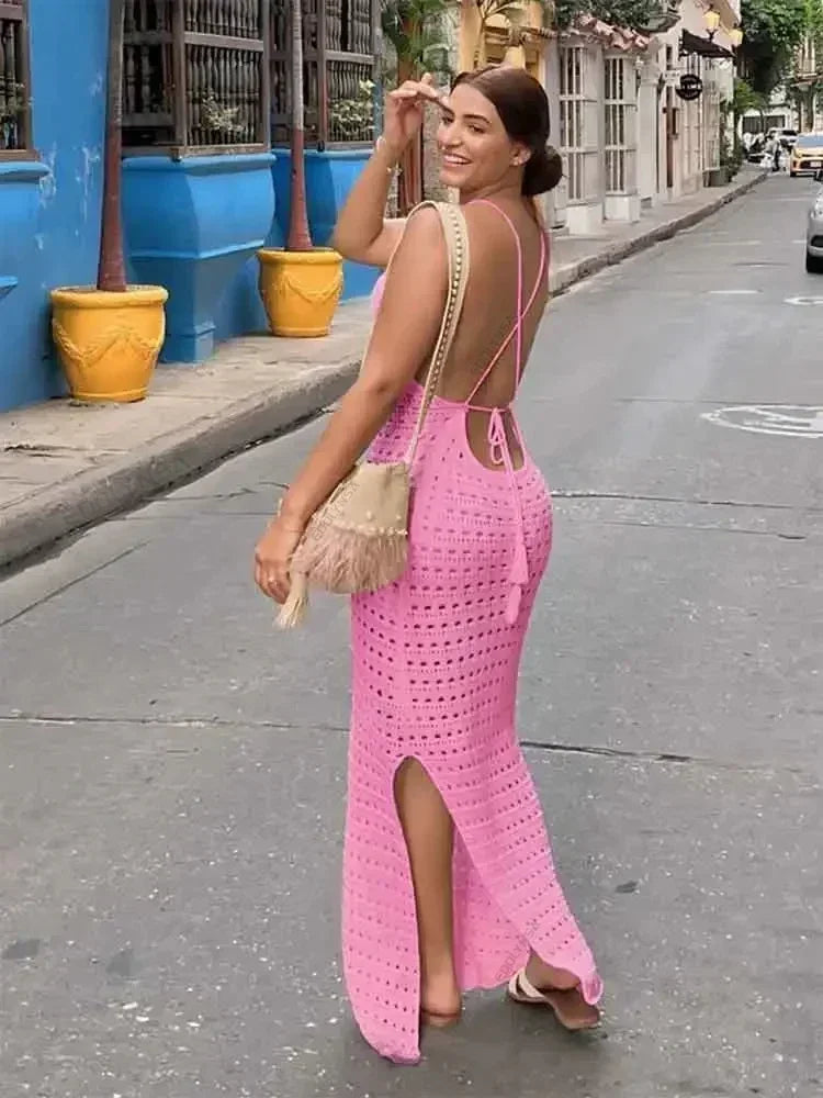 NEW Arrivals UK Size 6 Colors Sexy Knit Cut Out Tassel Spaghetti Strap Bodycon Evening Beach Party Maxi Dress Summer Women's Holiday Club Party Outfit Swimsuit Cover Up K10