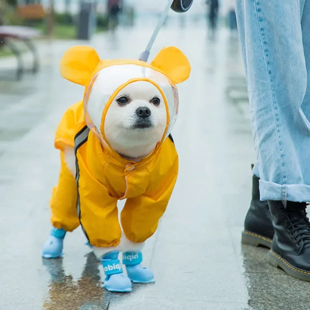 Cute Bear Shape Dog Raincoat Puppy Rain Jacket Full Body Coverage with Hat Reflective Double Layered Waterproof Dog Hooded Cloak