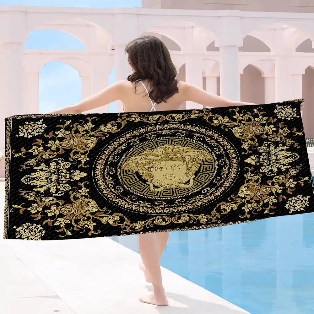 100% Cotton 77x182cm Fashion And Luxury V-Versace Anime Beach Swimming Towel Soft Absorbent Washcloth Women's Gifts for Travel Camping Gym Beach