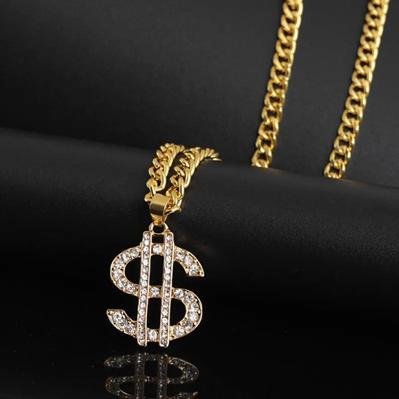 Rhinestones Luxury Jewelry Money Hip Hop Rap Gold Color US Dollar Pendant Necklace 70cm Chain For Women/Men Bling Jewelry Accessories