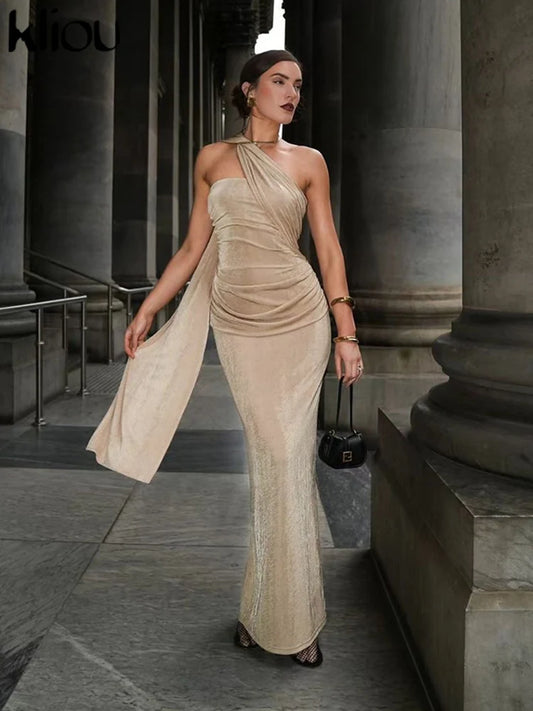 NEW Arrivals Luxury Slash Neck Ribbons Women Girls Dress Hipster Elegant Incline Shoulder Pleated Sleeveless Slim Long Robe High Street Frock Evening Wedding Birthday Party Business Dinner Night Clubwear Female Ladies Luxury