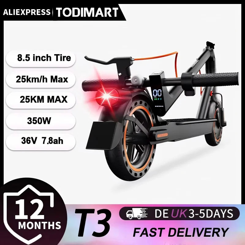 Just Arrived  T3 Foldable and Portable Electric Scooter with APP Control, 350W 36V 7.8Ah Motor, 25km/h Speed, 8.5" Tires