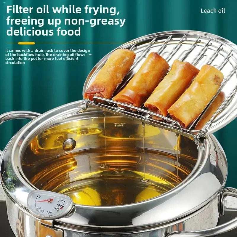 Japanese Deep Frying Pot with a Thermometer and a Lid 304 Stainless Steel Kitchen Tempura Fryer Pan 20 24 cm