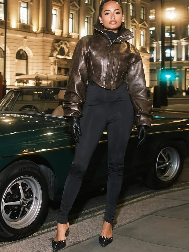 UK Size Brown/Black Color Wild PU Leather Irregular Crop Jacket Women Turtleneck Zip Button Full Sleeve Sexy Hottie Street Midnight Club Hipster Coat