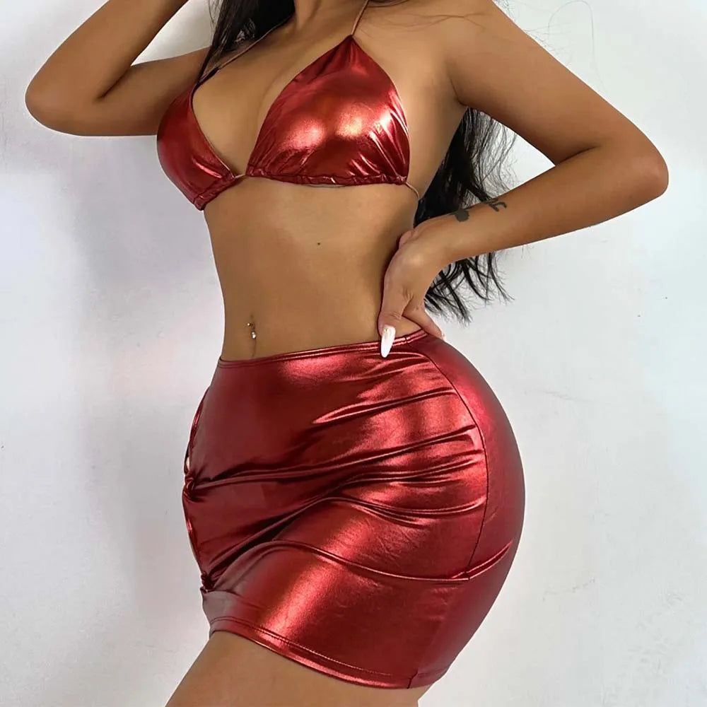 Popular European and American Swimsuit Three Piece Solid Color Hot Gold Bright Sexy Lace Up Bikini Short Skirt