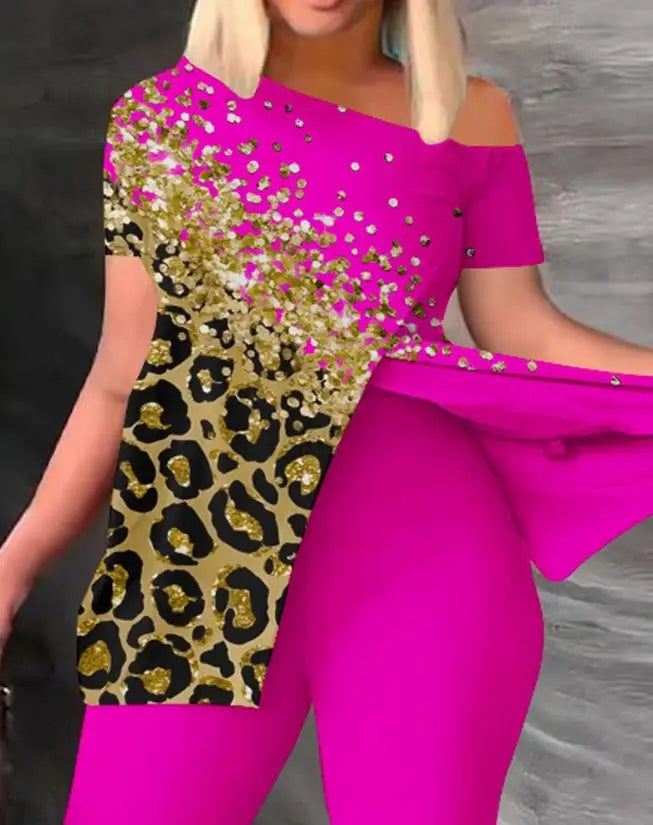 New Fashion Summer Casual 2PCS Set Women Female Evening Beach Party Night Club Outfit Contrast Leopard Skew Neck Slit Sexy Top & Pants Set Ladies Girls Luxury Fashion Clothing Supplies