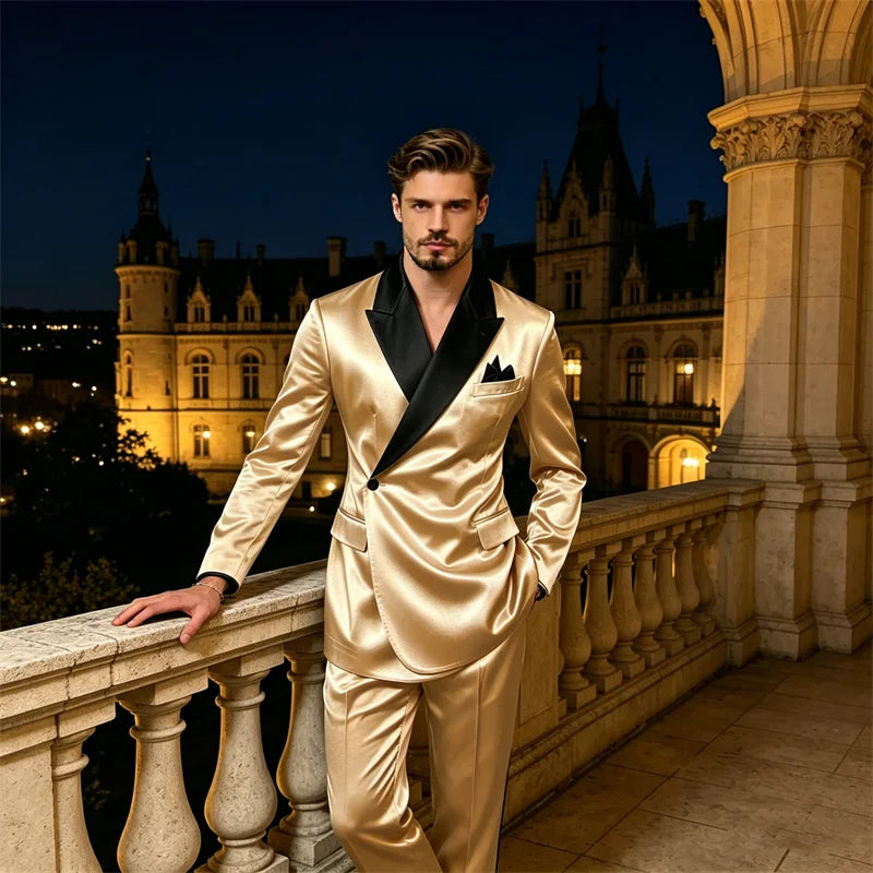8 Colors 2 PCS Set S-7XL Extra Plus Size Men's Luxury Satin Suit Asymmetrical Wrap Peak Lapel Silk Suit One Button Slim Fit Blazer Pants Wedding Celebrity Red Carpet Business Formal Evening Luxury Outfit