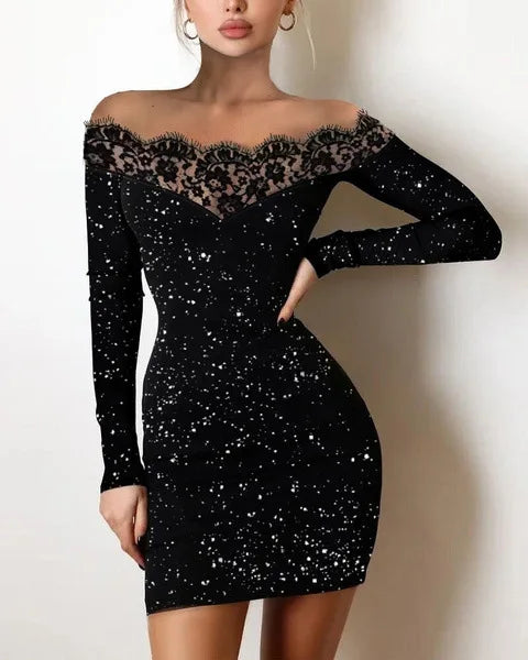 New Arrivals Luxury Spring Women's Female Elegance, Leisure, Sexy Long Sleeved Lace Edge, One Shoulder Silver Powder Sprinkled Dress Evening Wedding Birthday Party Night Clubwear Girls Ladies Luxury Fashion Clothing Supplies