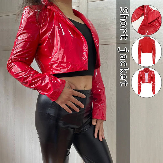 S-3XL Plus Size Black and Red Color Women's PU Leather  Shiny Leather Coat Short Top Trend Motorcycle Waist Sexy Jacket Red Mirror Bright  Nightclub Mini  Coat