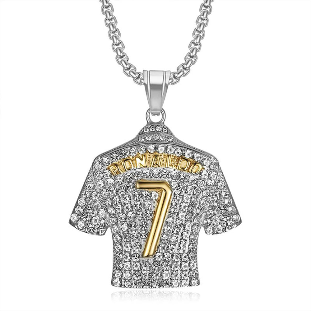 Fashion Football Jersey Messi Cristiano Ronaldo Neymar Mbappé Harland Rhinestone Necklaces + 60cm Gold Chain Men Stainless Steel Soccer Fans Hip Hop Jewelry Accessories