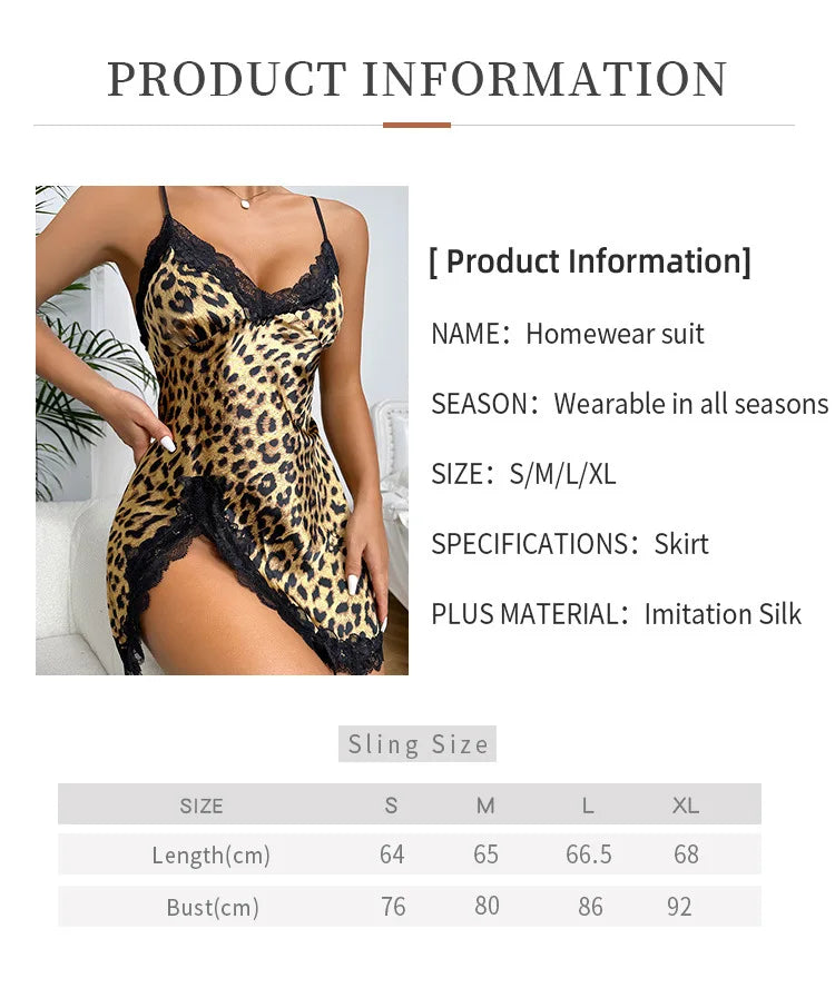 NEW Arrivals S-XL 10 Patterns/Colors Silk Lace Trim Leopard Nightdress V Neck Backless Side Split Slip Sleep Dress Women's Sleepwear Dresses
