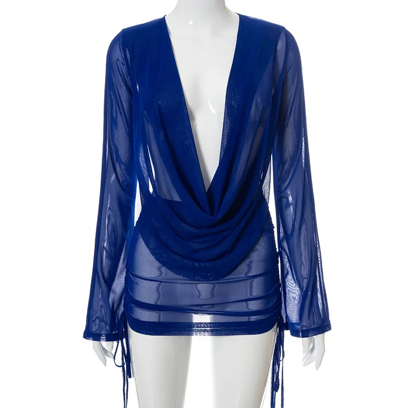 NEW Arrivals 5 Colors Sexy Deep V Neck Sexy Wrapped Mini Mesh Dress Women See Through Backless Long Sleeve Summer Evening Beach Party Night Club Bodycon Dress