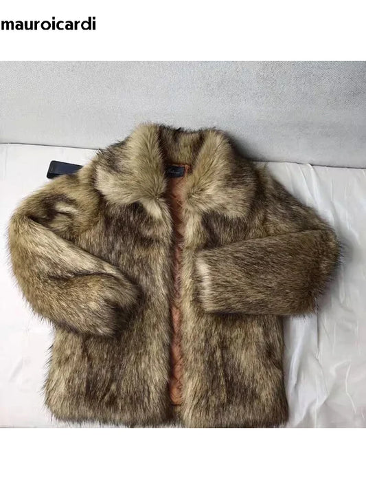 Winter Short Thick Warm Hairy Shaggy Faux Raccoon Fur Coat Men Long Sleeve High Quality Luxury Fluffy Jacket