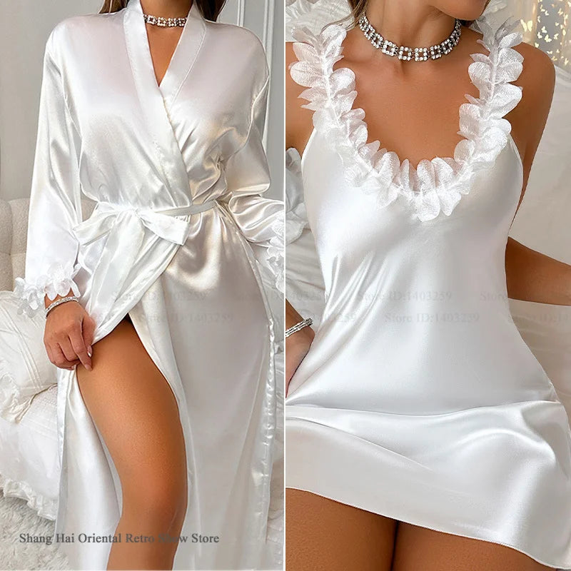 NEW S-XL Female 2PCS Set 3 Colors Robe Set Nightgown Sexy Lace Long Kimono Bathrobe Gown Silk Satin Loungewear Summer Sleepwear Lingerie Home Wear
