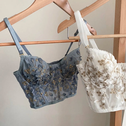 Three-Dimensional Embroidered Bra Sexy Lace Fish Bone Corset Widened Breasted with Steel Ring 2/1 Half Cup Bralette Underwear