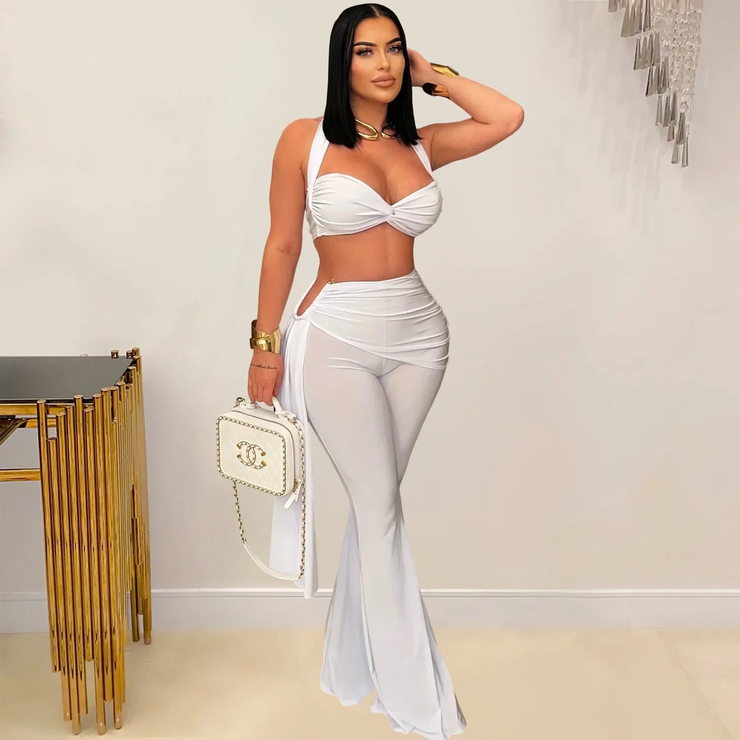 2 PCS Set S-2XL Fashionable C7485 Cross-Border Sexy Summer Strapless Long Pants Set Women's Polyester Fiber Clothing