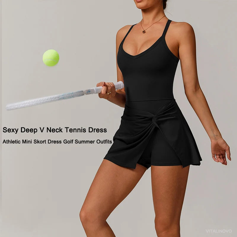 S-XL 5 Colors Women Tennis Dress with Shorts Underneath Workout Dress with Built-in Bra Deep V Neck Athletic Dresses Golf Dress