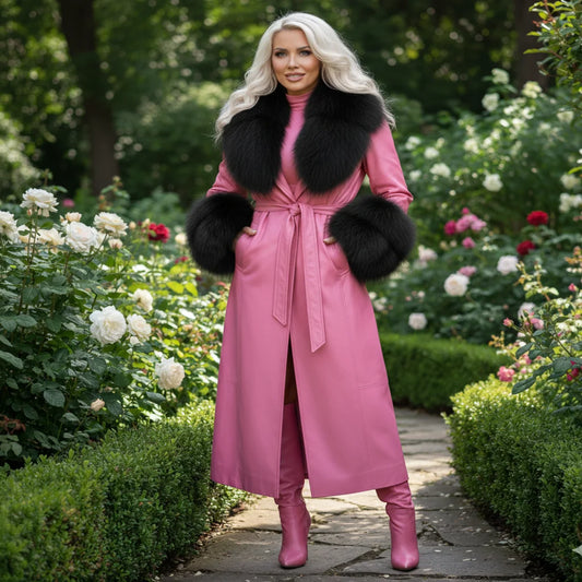 10 Colors S-4XL Plus Size Women Luxury Vintage Long Belt Design Fish Leather Silk Lining Black Real Natural Fox Fur Windproof Breathable Customizable Size Color Real Leather Trench Coat Ladies Luxury Apparel Supplies