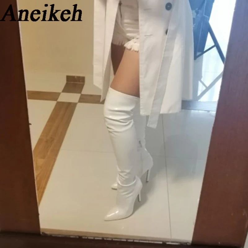 White Sexy Over-the-Knee Side Zipper Slip-On Pointed Toe Shoes NEW Fashion Striped Thin Heels Ladies Boots