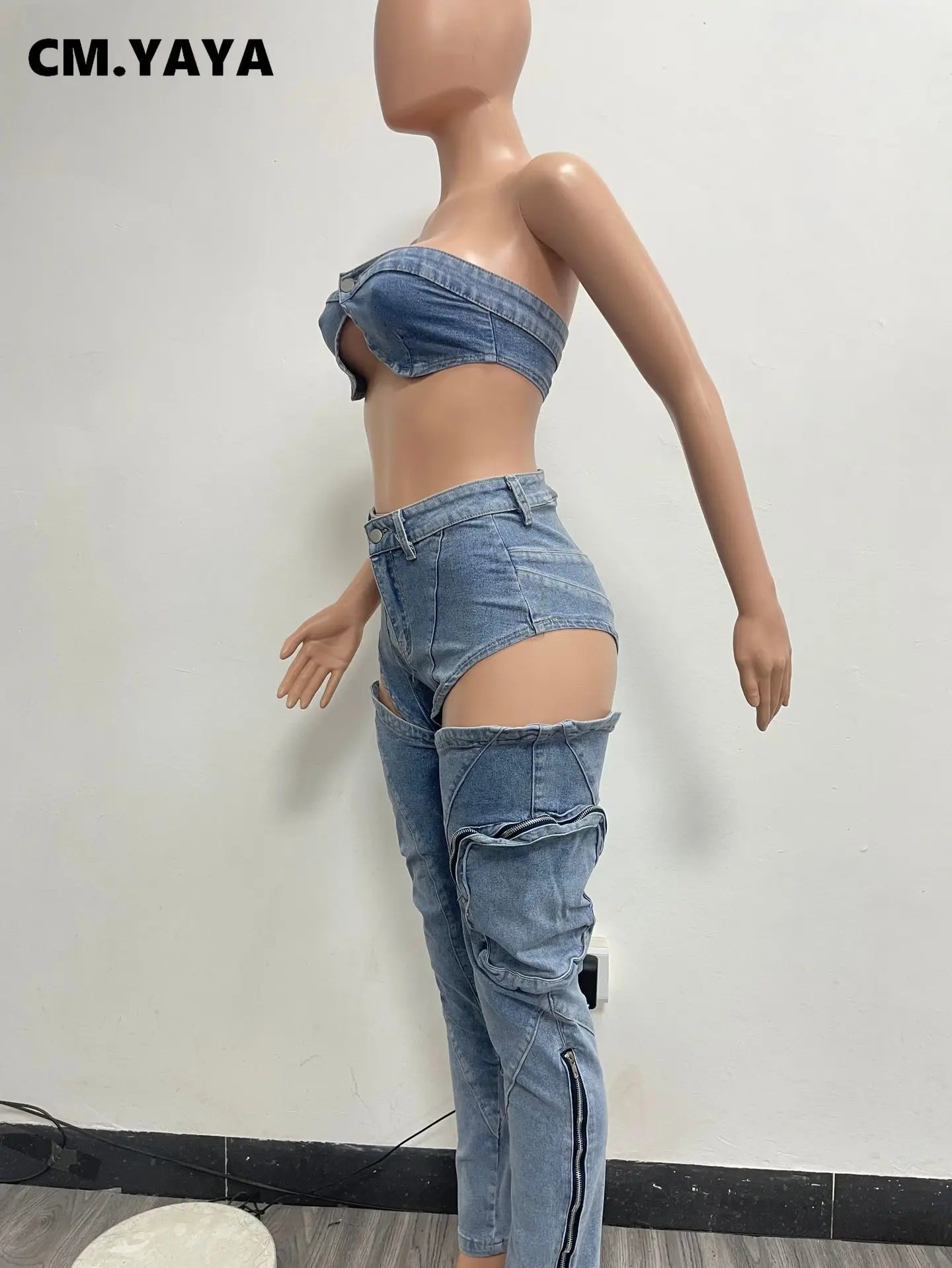 Fashion Denim Women's Set Strapless Bra Crop Top and Slit Jeans Pants Suits Sexy Party Club Two 2 Piece Set Outfits