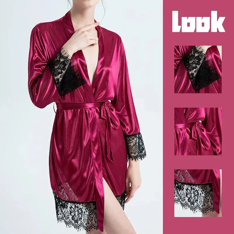 Female Sleepwear Lace Patchwork Long Bathrobes Ladies Nightgown Soft Silk Dressing Gown Bathrobe For Women
