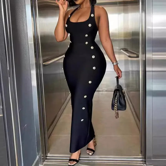 NEW Arrivals S-3XL UK Plus Size Chubby Women's Clothing Button Slim Lace-Up High Waist Sexy Skinny Slim Long Black Dress Sleeveless Evening Party Gown Ladies Fashion Apparel Supplies