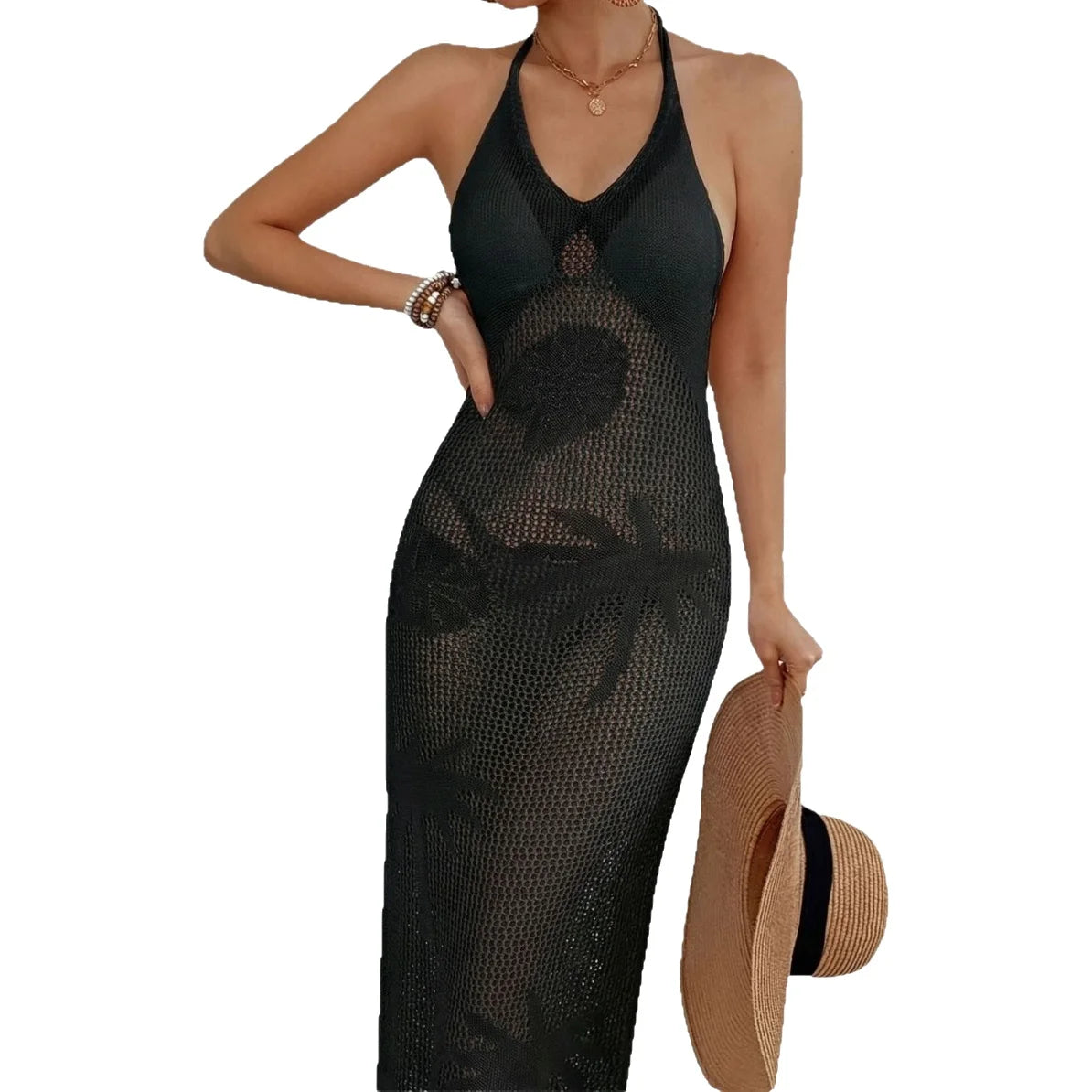 Sexy Lace Beach See Through Dress Women's Crossbody Strap Dress with Ribbon Decoration Split Design Swimsuit Swimwear Beachwear Bikini Cover Ups Dress Ladies Swimming Bathing Apparel Supplies
