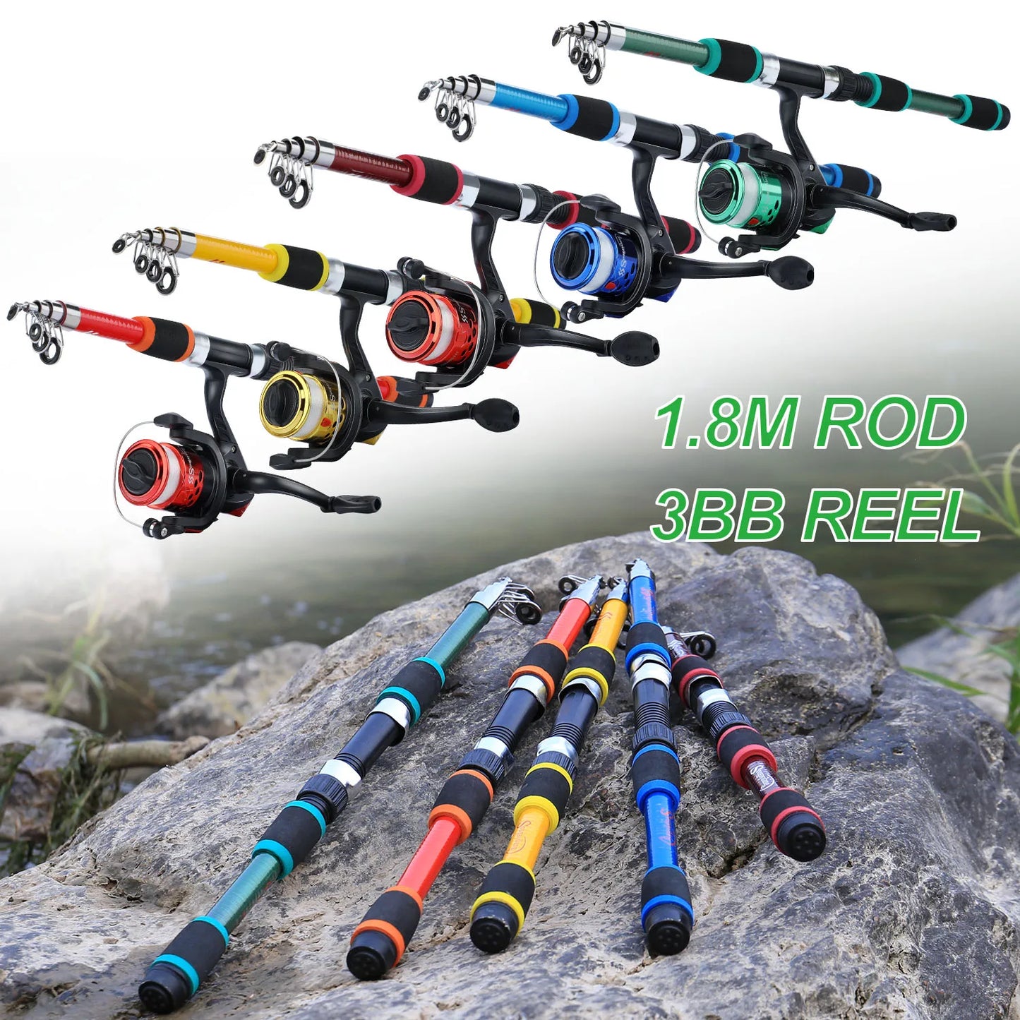 Full Set 1.8M Spinning Fishing High Speed Rod and Reel Combo 5.2:1 Telescopic Rod with 3BB Fishing Reel Max Drag 5kg Full Fishing Kit Outdoor River Lake Rock Fishing Sets