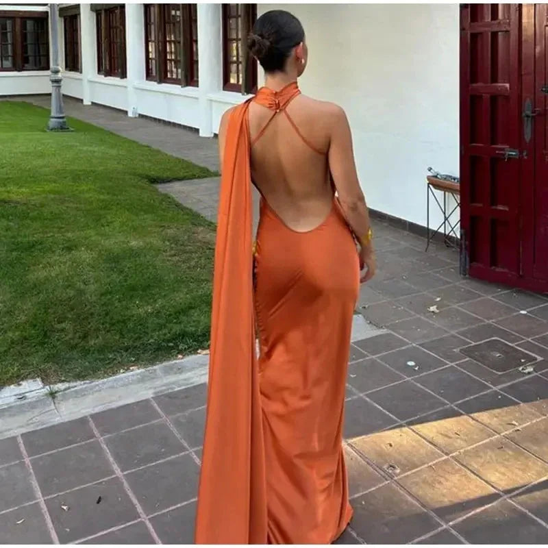 Luxury Satin Ribbon Halter Long Dresses 15 Colors S-XL UK Size Women's Backless Formal Maxi Dress Evening Wedding Guest Red Carpet Business Party Summer Graduation New Arrivals
