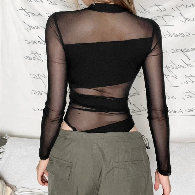 Low-Price Sales are Limited NEW Arrivals Women Female Sexy Irregular Sheer Mesh Patchwork Leotard Long Sleeve Fit Black Bodysuit Evening Rave Party Night Clubwear Jumpsuit Outfits Ladies Girls Luxury Apparel Accessories Cloth