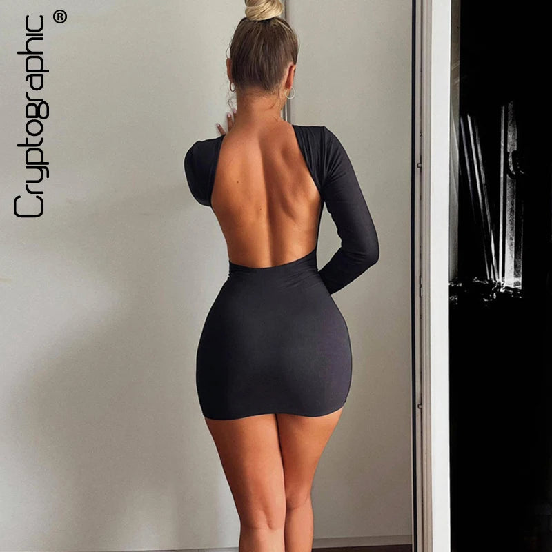 NEW Arrivals Khaki/Black Autumn Fashion Sexy Open Back Solid Slinky Female Mini Dress Evening Night Club Party Outfits Long Sleeve Round Neck Bodycon Dresses Ladies Girls Sexy Fashion Clothing Supplies
