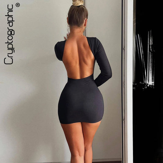 NEW Arrivals Khaki/Black Autumn Fashion Sexy Open Back Solid Slinky Female Mini Dress Evening Night Club Party Outfits Long Sleeve Round Neck Bodycon Dresses Ladies Girls Sexy Fashion Clothing Supplies