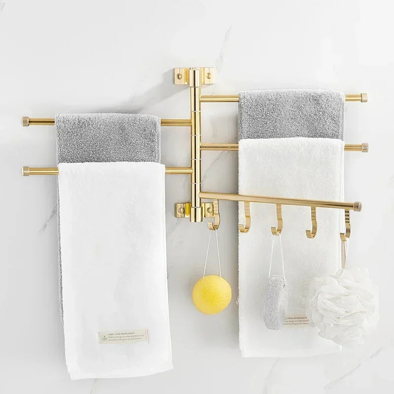 NEW 4 Rods Golden Light Luxury Aluminum Wall Mounted Rotating Towel Rack Bath Rail Hanger Towel Holder Bathroom Accessories Storage Rack