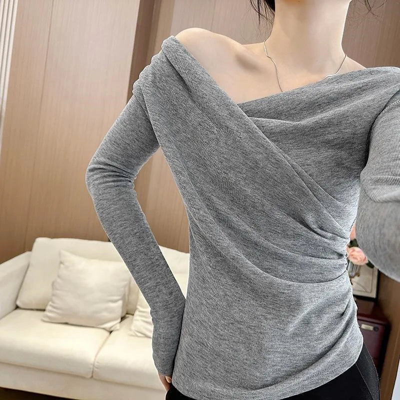 NEW Arrivals S-XL 3 Colors Popular Online Thickened Fleece Long Sleeve Women's Base Shirt Shoulder Bared Oversize Casual Fashion Trend Spring Autumn Ladies Clothes