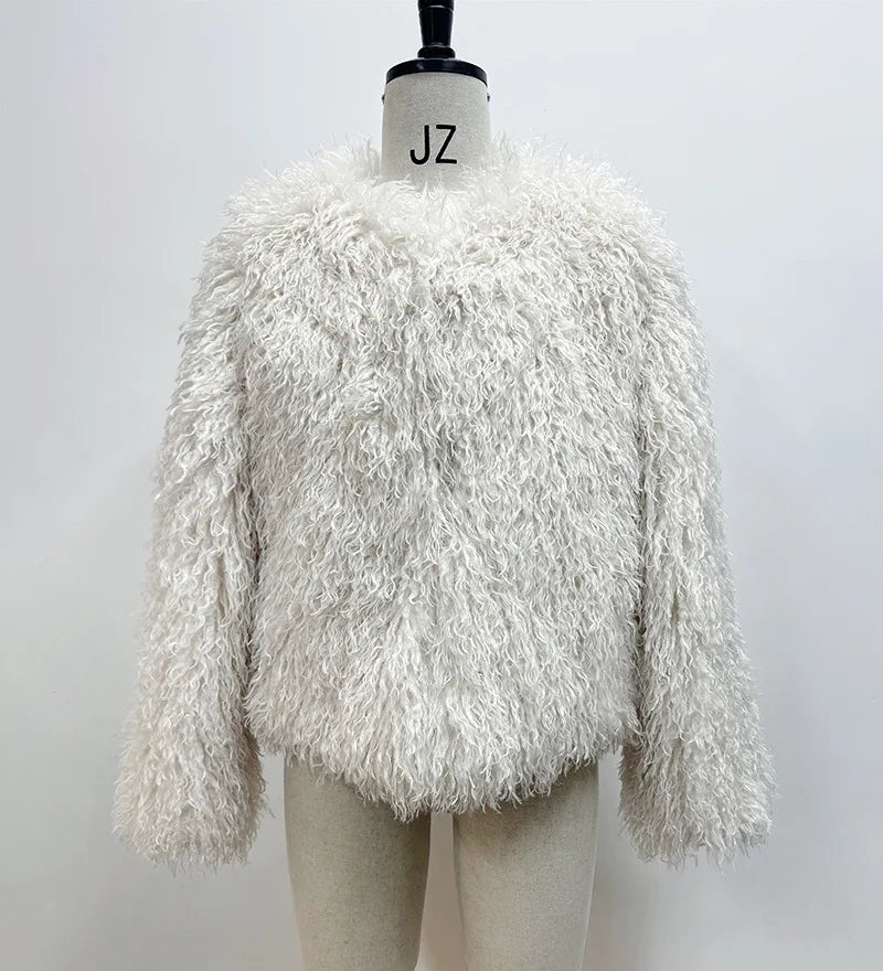 S-XL UK Size 4 Colors Fashion Brown Faux Fur Coat Women's Round Neck Loose Long Sleeves Thick Plush Short Jacket Winter New 7A1041