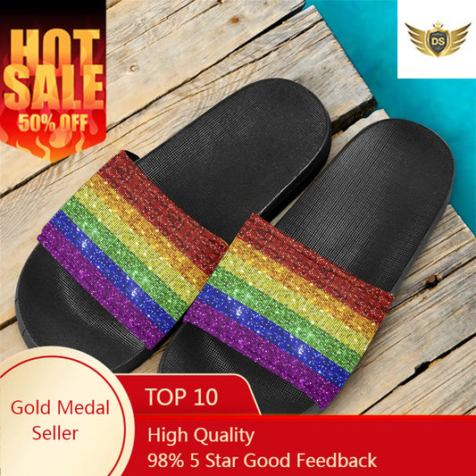 Lgbt Pride Rainbow Flag Print Casual Slippers Adult Non-slip Home Bathroom Light Sandals Female Summer Popular Walking Slides