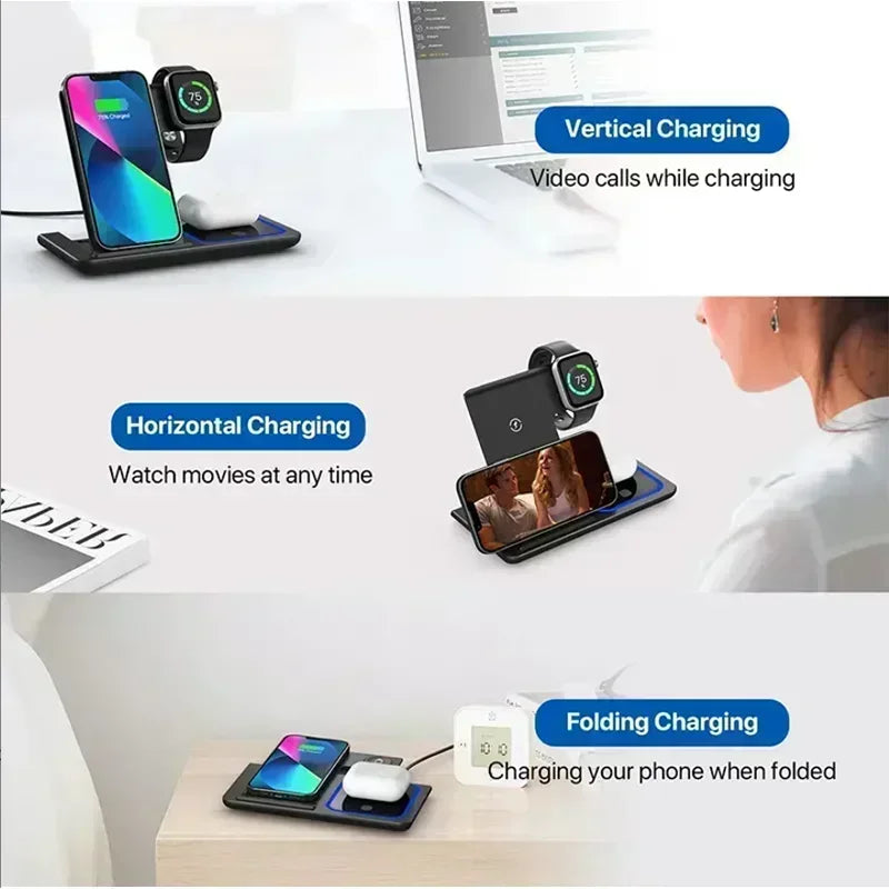 4 In 1 Black/White Color Wireless Charger LED Light Phone Stand For iPhone 16 15 14 13 12 Apple Watch 8 7 6 Air Pods Foldable Fast Charging Station