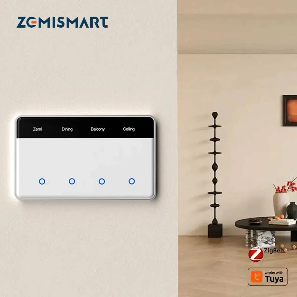 4 Gangs Zigbee App Control DIY Name Switch Horizontal Display Touch Screen US Light Switch Works with TUYA Alexa Google Home Voice Control Home Office Lighting Accessories