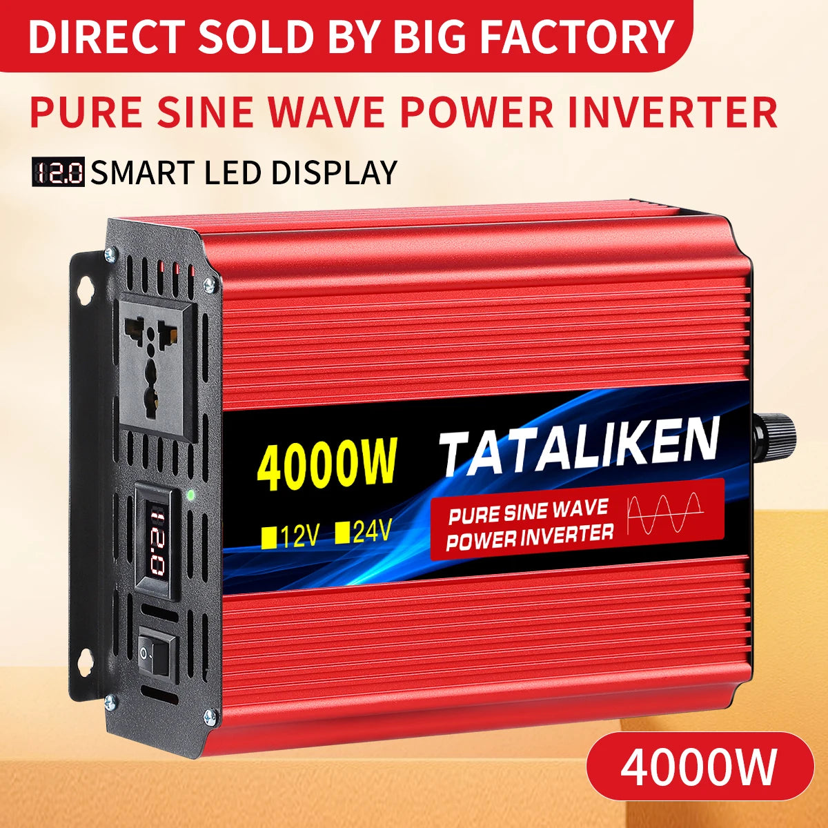 Pure Sine Wave Inverter 1000W-4000W DC 12V/24V to AC 220V 50hz Power Inverter Charger  Adapter Universal Socket
