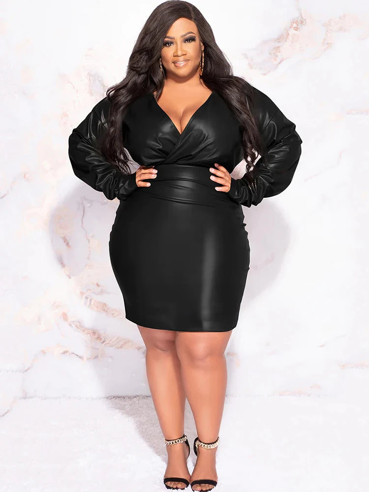 XL-9XL UK (16-32) Plus Size For Curvy Women Luxury Matte Leather Dress Long Sleeve Stretch PU Leather Bodycon Mini Dress Big  Ladies V Neck Business Dinner Dress Wedding Birthday Party Evening Formal Sexy Dress