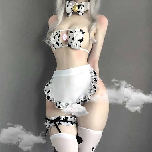 OJBK New Cos Cow Cosplay Costume Anime Girls Swimwear Clothing Lolita Bra and Panty Set Stockings Maid Tankini Bikini Swimsuit