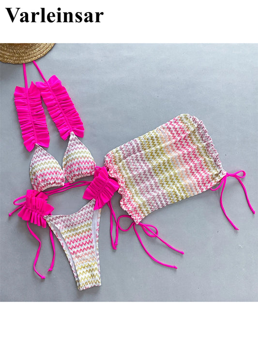 With Skirt Waved Ruffled Frilled Bikini Female Swimsuit Women Swimwear Three-pieces Bikini set Bather Bathing Suit Swim V5235