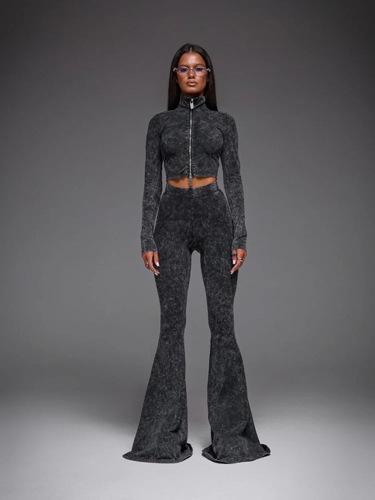 NEW Arrivals 2PCS Set UK Size  Women's Suit ( Tops+ Long Flare Pants) Italian Fashion Casual Tracksuits Skinny O-Neck Long Sleeves Zipper T Shirt  Female Girls Sexy Fashion Apparel Products