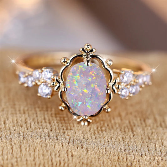 NEW Arrivals White Fire Australian Natural Pure Opal Oval Stone Luxury Flower Rings (6-10 Size) For Women Vintage Gold Color Bridal Wedding Ring Birthstone Jewelry Engagement Band Gift