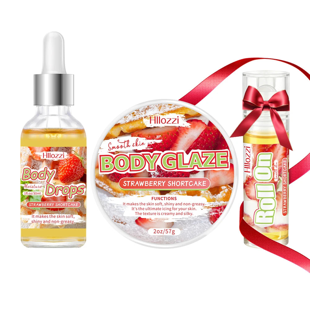 3 PCS Set Strawberry Set Includes 30 ml/1 FL OZ Body Drops and 2 oz/57 g or 8 OZ Body Glaze, Plus a Complimentary 5 ml/0.17 g Roll-On Skin Care Sets Korean Products