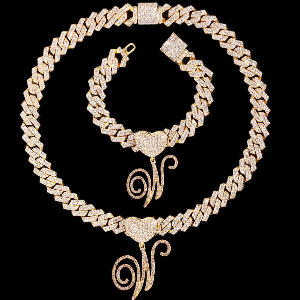 2 PCS Set New Fashion A-Z Initial Cursive Letter Luxury Rhinestones Pendant Cuban Necklace for Women Iced Out Cuban Link Chain Necklace Set Jewelry