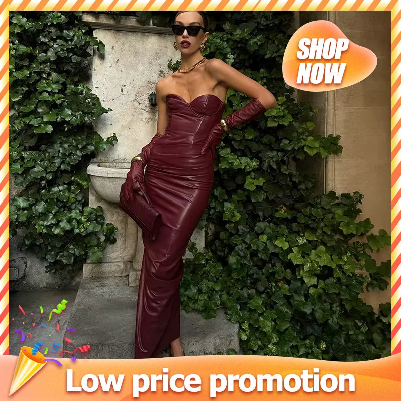 NEW Arrivals Women Sexy Deep V Red Lattice Leather Maxi  Dress Fashion Long Sleeve High Waist Fold Slim Dresses Lady New Highstreet Evening Party Nightclub Dress Ladies Luxury Fashion Clothing Supplies